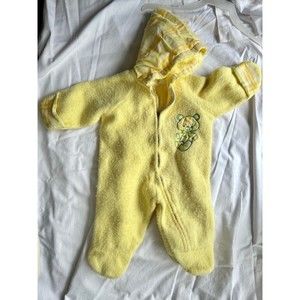 Vintage Fuzzy Hooded Winter Onesie with Embroidered Bear in Soft Sunshine Yellow